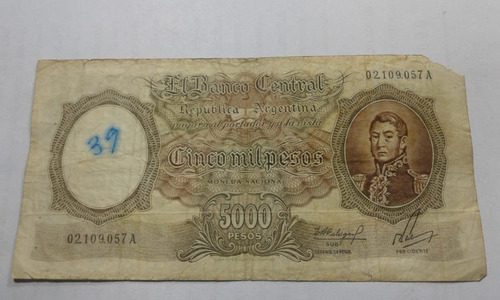Billete Argentina De 5000 Pesos M.nacional 1962 Serie A Fine