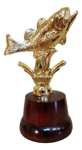 Trofeo Plástico Pesca Dorado 14cm Base De Madera - Souvenir