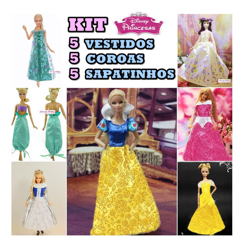 Kit 5 Vestidos Para Boneca Barbie Princesa Disney 5 Coroa
