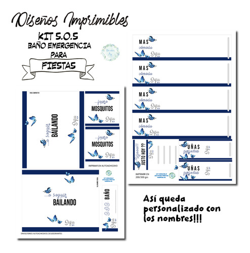 Kit Baño Imprimible S.o.s. Fiestas, 15, Bodas Mariposas Azul