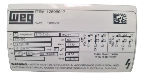 Motor Weg Elétrico Trifásico 5cv Alta Rotação 220/380 Volts