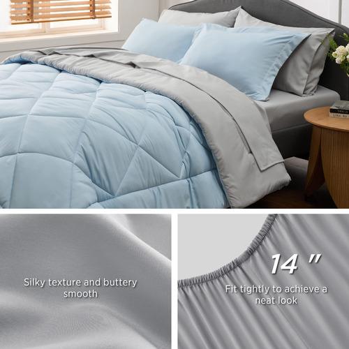 Juego Edredon Y Ropa De Cama Individual Azul Y Gris