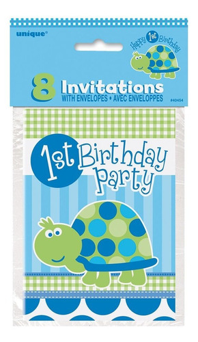 Tortuga 1er Cumpleaños Plástico, Invitaciones, Multicolor