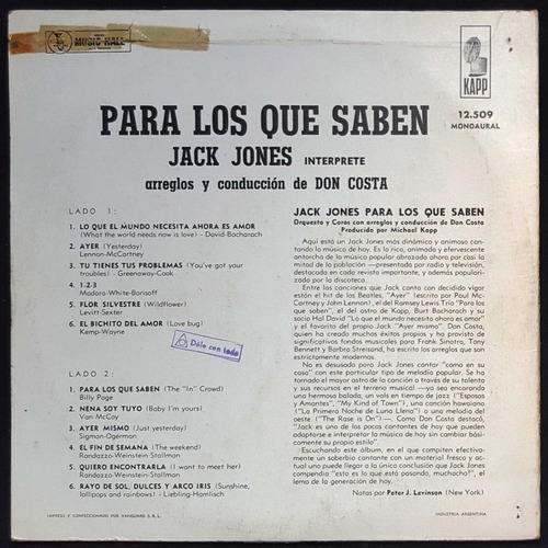 Imagen 3 de 3 de Disco Vinilo Jack Jones. Para Los Que Saben. 21045