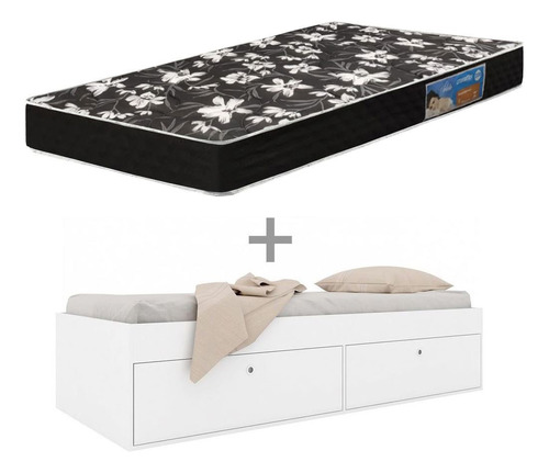 Sommier Cama 1 Plaza Con Cajones + Colchon Espuma D20 17cm