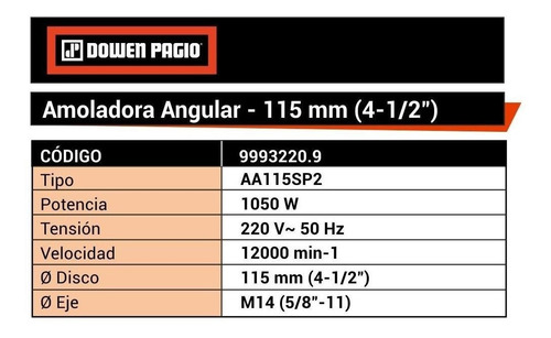 Amoladora Angular 115 Mm 1050w 220 V Dowen Pagio 9993220.9