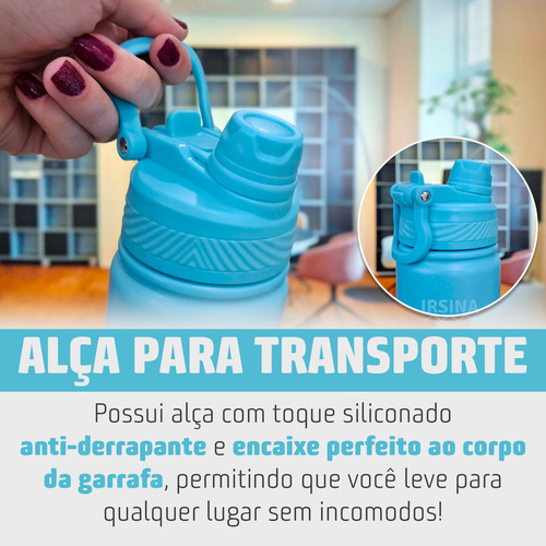 Garrafa Térmica 2 Em 1 800ml Tampa Dupla Com Canudo E Bico Alça Base Emborrachada Antiderrapante Bebida Quente E Fria Aço Inox Cor Azul Claro Irsina