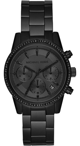 Reloj de pulsera Michael Kors Ritz MK6725 de cuerpo color negro, para mujer, fondo negro, con correa de acero inoxidable color negro, bisel color negro