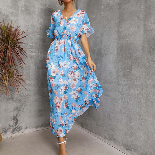 Fahxnvb Dama's Bohemian Floral Print Midi Dress Short