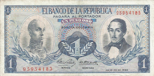 Colombia 1 Peso Oro  20 De Julio 1966