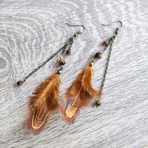 Aros Largos Con Ojo De Tigre Y Plumas Boho Únicos Originales