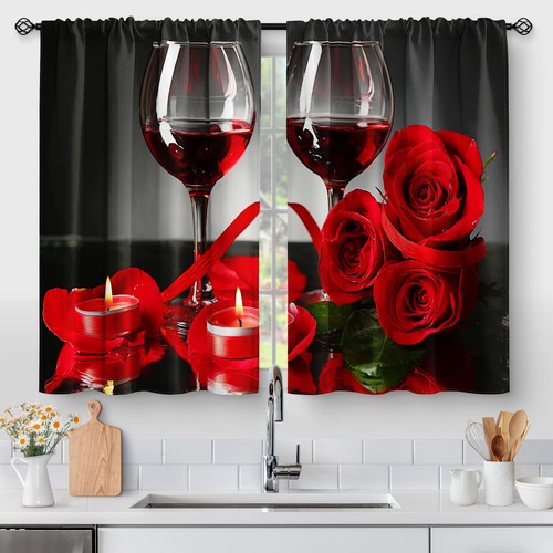 Cortinas De Cocina De Copa De Vino Con Rosas Rojas, Diseno R