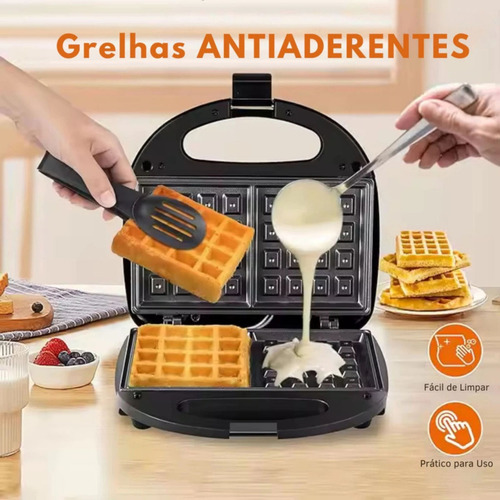 Sanduicheira Grande 3 Em 1 Profisisonal Grill Antiaderente Waffles Lanches Donuts Rosquinhas Inox Cor Preto