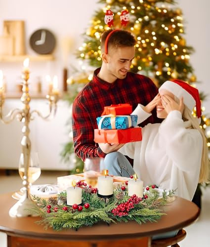Portavelas De Navidad Con Aros, Bayas Y Conos De Pino