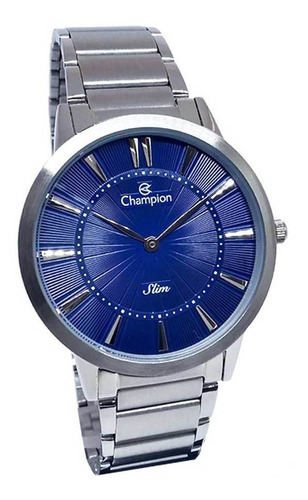 Relógio Masculino Prata Social Champion Visor Azul Slim