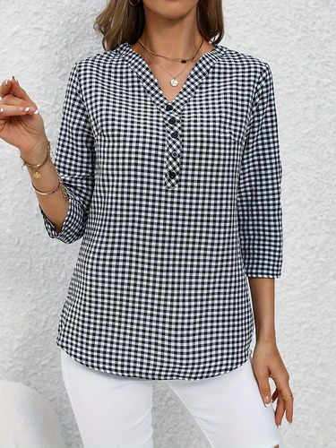 Camisa De Mujer Con Estampado De Cuadros Suave Y Suelta