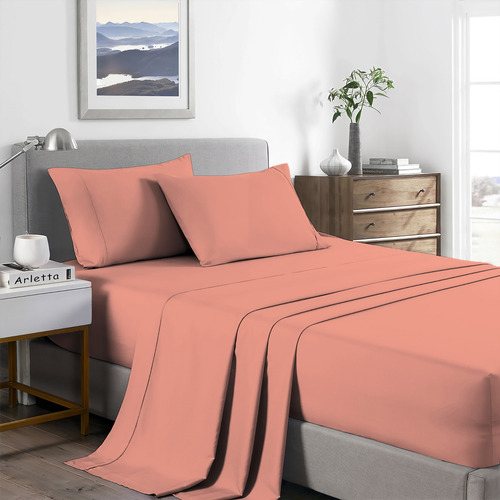 Juego De Sábanas Queen 4 Piezas Estampadas Ajustable Cama Rosa Liso
