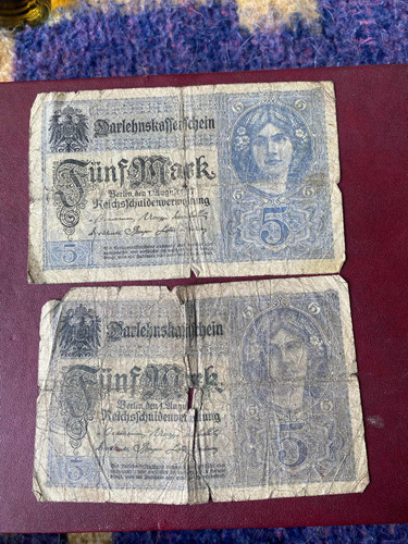 Yh 2 Antiguos Billetes 5 Marcos Reich Alemania Nazi 1900 Ret