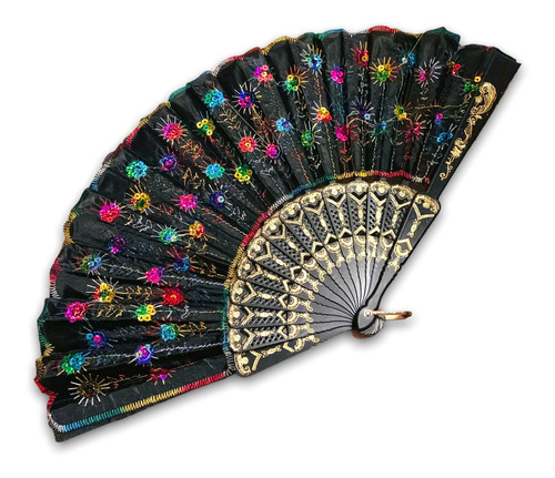 20 Abanicos Español Tela Lentejuela Negro Bordado Colores Abanico