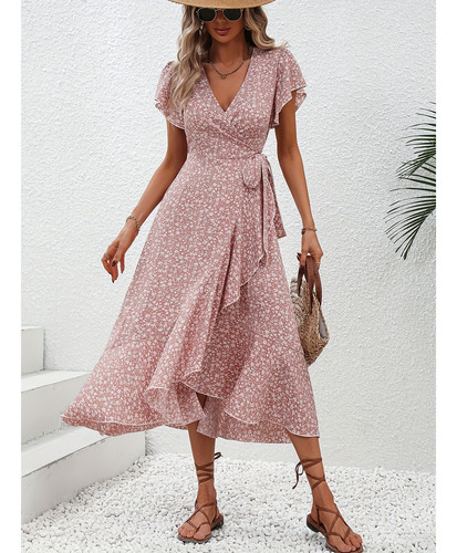 Vestido Midi Bohemio Floral Para Mujer Con Cuello En V Y Cin