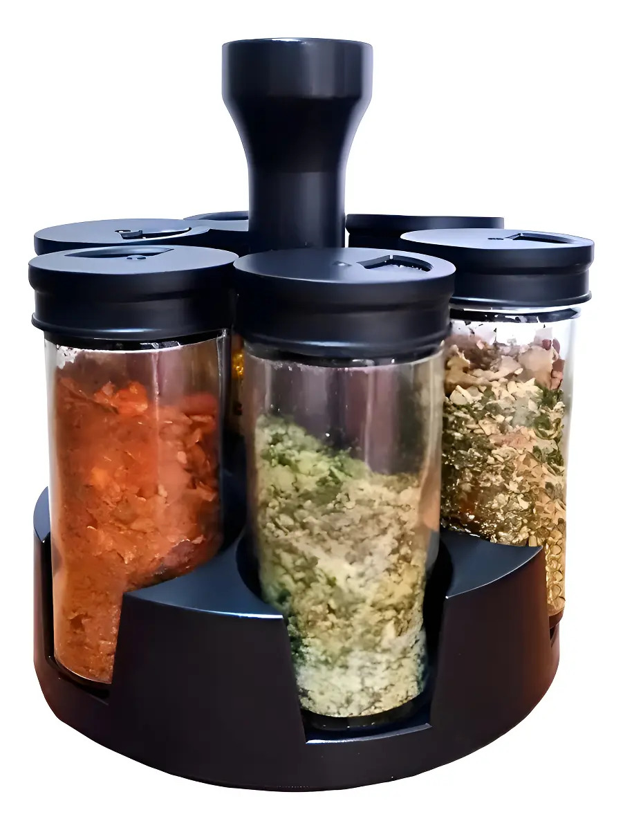 Porta Temperos Giratório com 6 Potes Vidro e Dosador 85ml