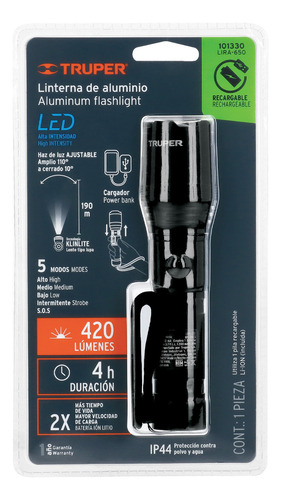 Linterna De Aluminio Recargable Led 650 Lm Truper 101330