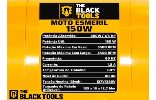 Moto Esmeril De Bancada Bivolt 150w 1/4 Hp Com 2 Rebolos De Bancada Tme1000 C/ Acessórios The Black Tools