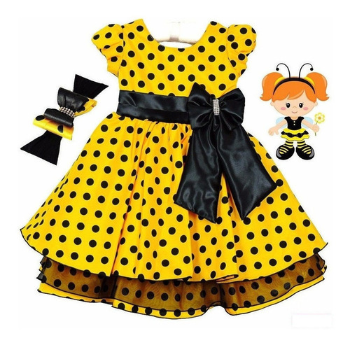 Vestido Abelha Abelhinha Infantil Festa Luxo Com Faixa