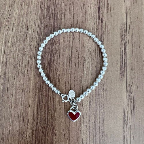 Imagen 4 de 10 de Pulsera Bolitas Dije Corazón Rojo Plata .925 Agálea Joyería