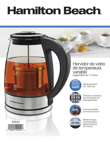 Hervidor Hamilton Beach Tetera eléctrica 40942 de vidrio con infusor de té  extraíble, 1.7 L 40942