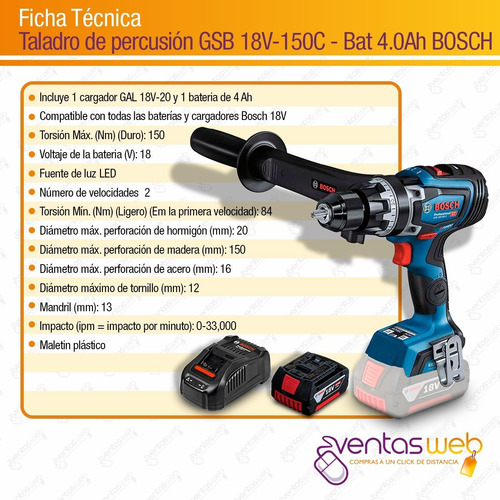 Imagen 10 de 10 de Taladro Percutor Inalambrico Bosch Brushless 150nm + Bat 4ah