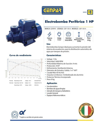Imagen 2 de 3 de Electrobomba Periférica 1hp 1x1 110v 3400rpm Genpar