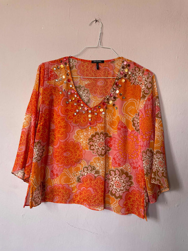 Blusa Naranja Rosa Floreada Hippie Manga Mariposa Grande L