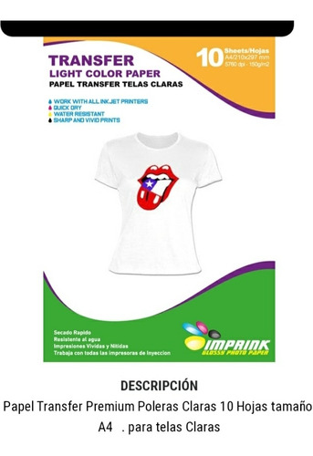 Papel Transfer Telas Claras. 10 Unid