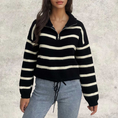 Jersey De Punto Con Cuello Semialto A Rayas Con Cremallera P