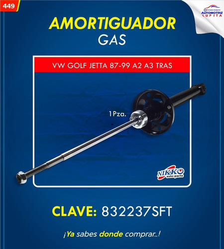 Amortiguador Gas Vw Golf Jetta 87-99 A2 A3 Trasero 832237