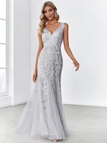 Vestido Largo Fiesta Sirena Plata Gris Plateado Lentejuela