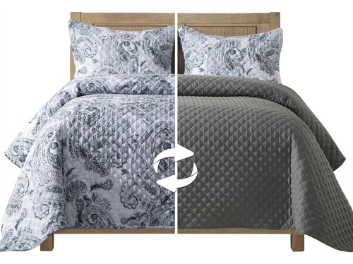 Colcha Reversible 3 Piezas Individual Xl Gris Ultrasuave