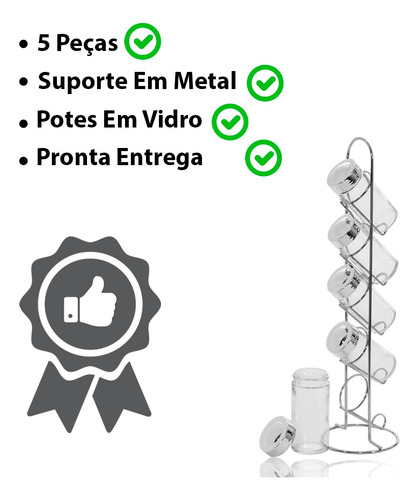 Kit 5 Peças - Porta Condimentos Temperos Aço Inox C/ Suporte