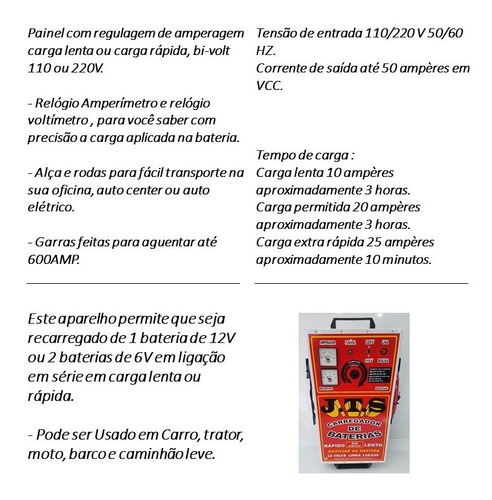 Imagem 2 de 10 de Carregador De Bateria Automotivo 50a C/ Aux. Partida Jts-002
