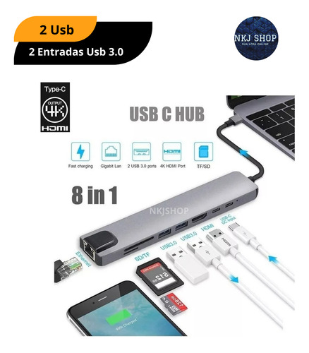 Hub 3.0 Tipo C Para Macbook M1 M2 Hdmi 4k Cartão Rj45 8 Em 1