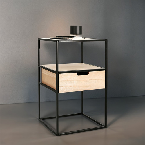 Set 2 Mesas De Luz Diseño Industrial Madera Hierro Con Cajón