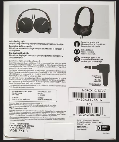  Auriculares estéreo Sony MDRZX110 Sin micrófono Negro :  Electrónica