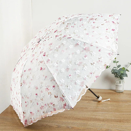 Guarda-chuva Dobrável Com Bordado Floral De Renda De Dupla C