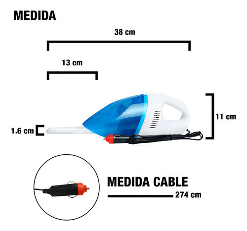 Aspiradora De Mano Auto 12v Portatil Ligera Premium Color Blanco Y Azul
