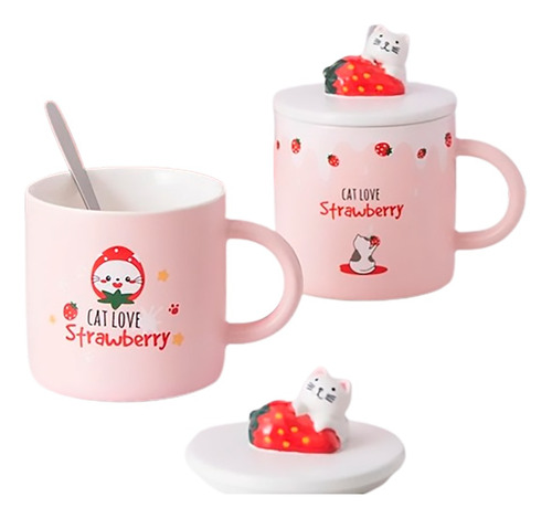 Taza Kawaii Gatito Con Tapa Y Cuchara Incluida