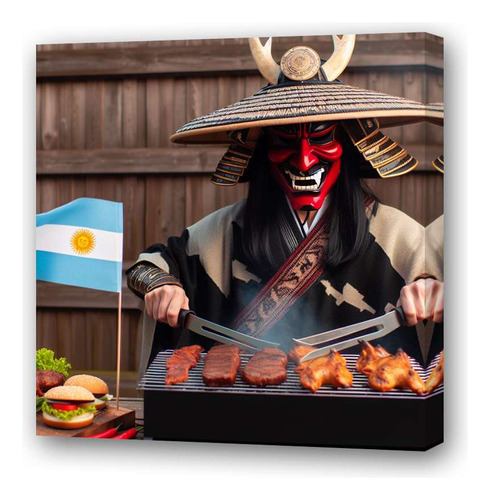 Cuadro 30x30cm Samurai Cocinando Asado Parrilla Comida