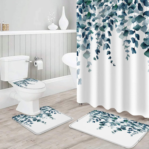4pcs Set De Cortina De Ducha De Acuarela Con Hojas Botánicas