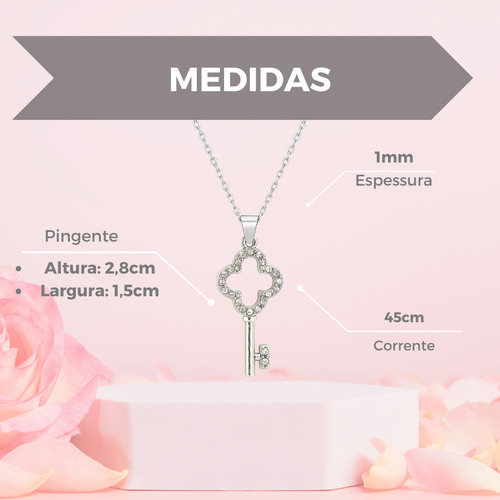 Colar Feminino Pingente Chave Trevo E Brinco Cordão Aço Inox Cor Prateado Caixinha Para Presente Gargantilha 45cm
