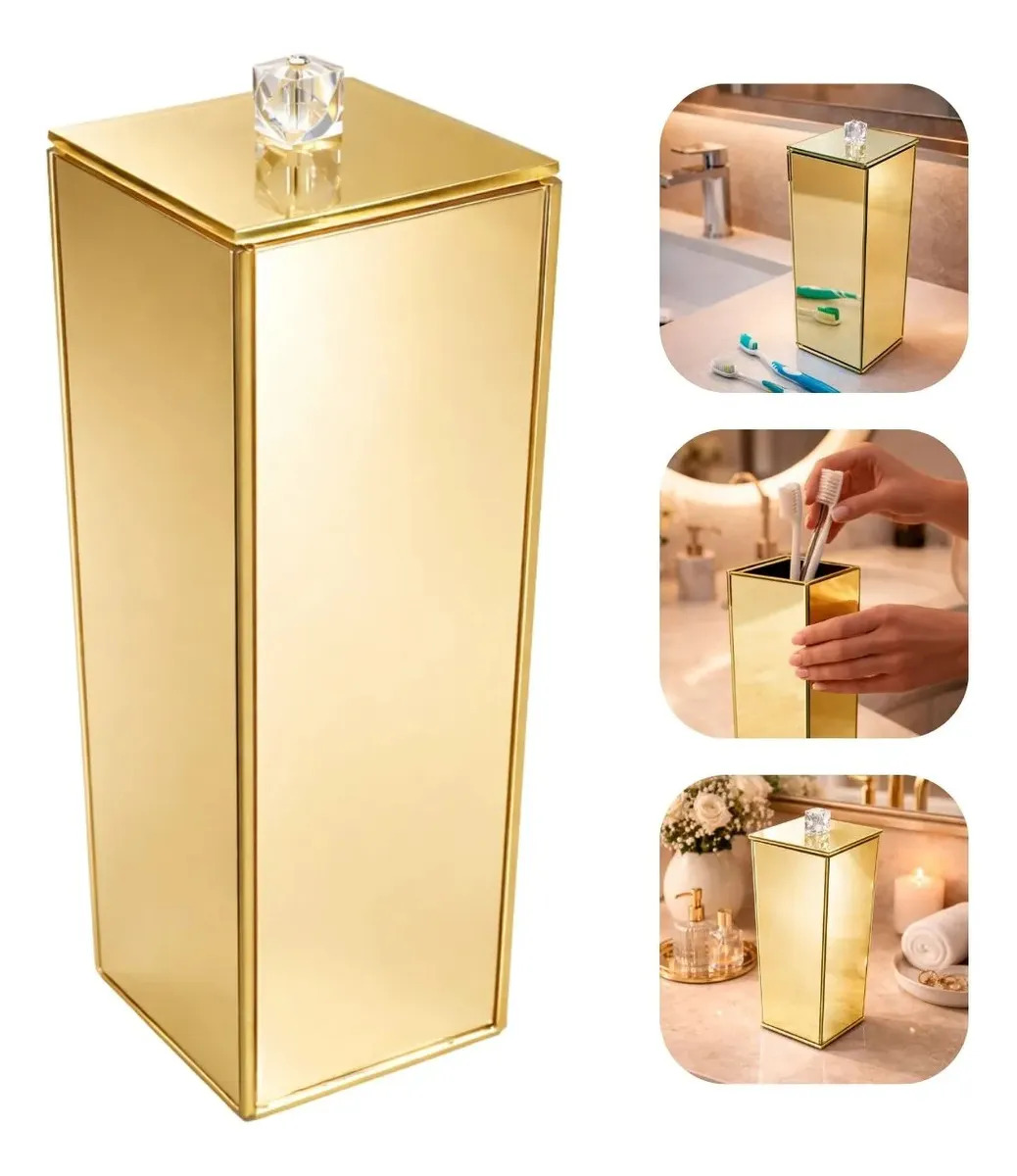 Porta Escovas C/ Tampa Vidro Ouro Luxo 20x7x7cm P/ Lavabo